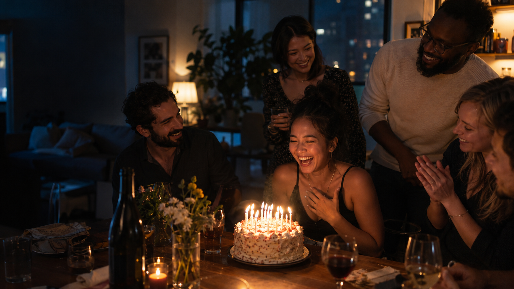 Friends celebrating a birthday around a cake