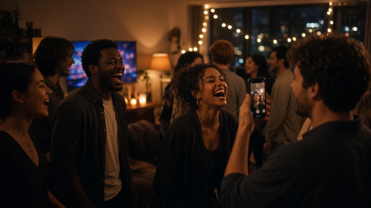 Friends cheering together at a house party